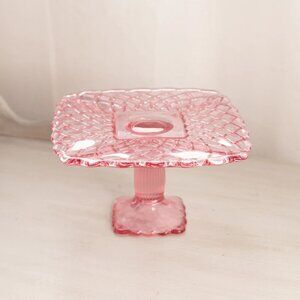 Vintage LE Smith Small Square Pink Glass Trellis Cake Stand